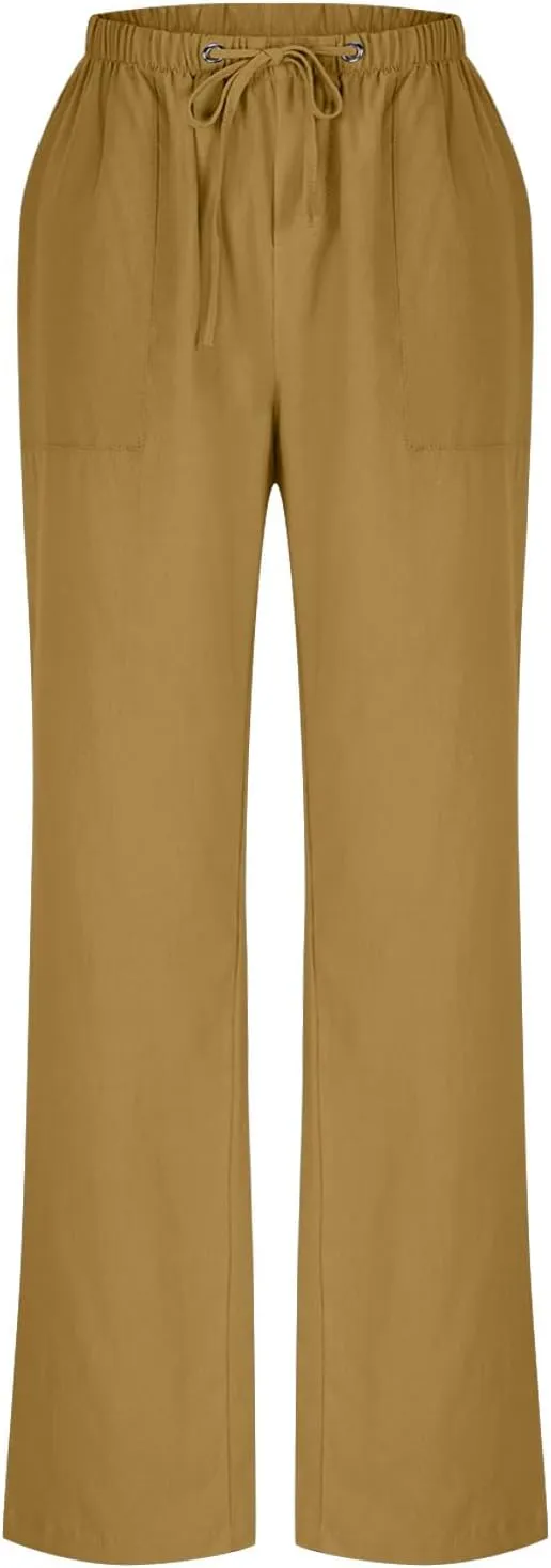 jsaierl Linen Wide Leg Pants for Women Palazzo Pants Summer Flowy Casual Trousers Loose Fit Drawstring Pants with Big Pockets