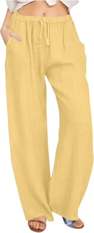 jsaierl Women Linen Wide Leg Pants Summer Loose Flowy Palazzo Pants Drawstring High Waisted Beach Pants Trousers with Pockets