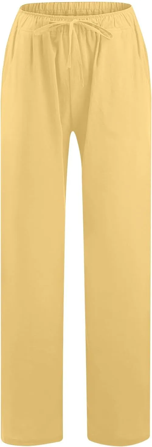 jsaierl Women Linen Wide Leg Pants Summer Loose Flowy Palazzo Pants Drawstring High Waisted Beach Pants Trousers with Pockets