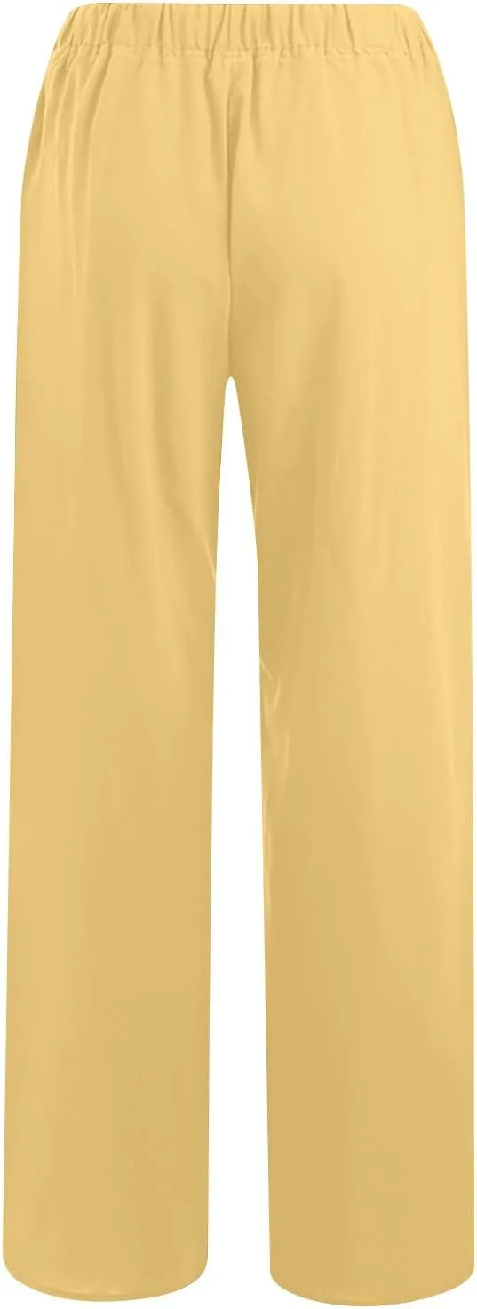 jsaierl Women Linen Wide Leg Pants Summer Loose Flowy Palazzo Pants Drawstring High Waisted Beach Pants Trousers with Pockets