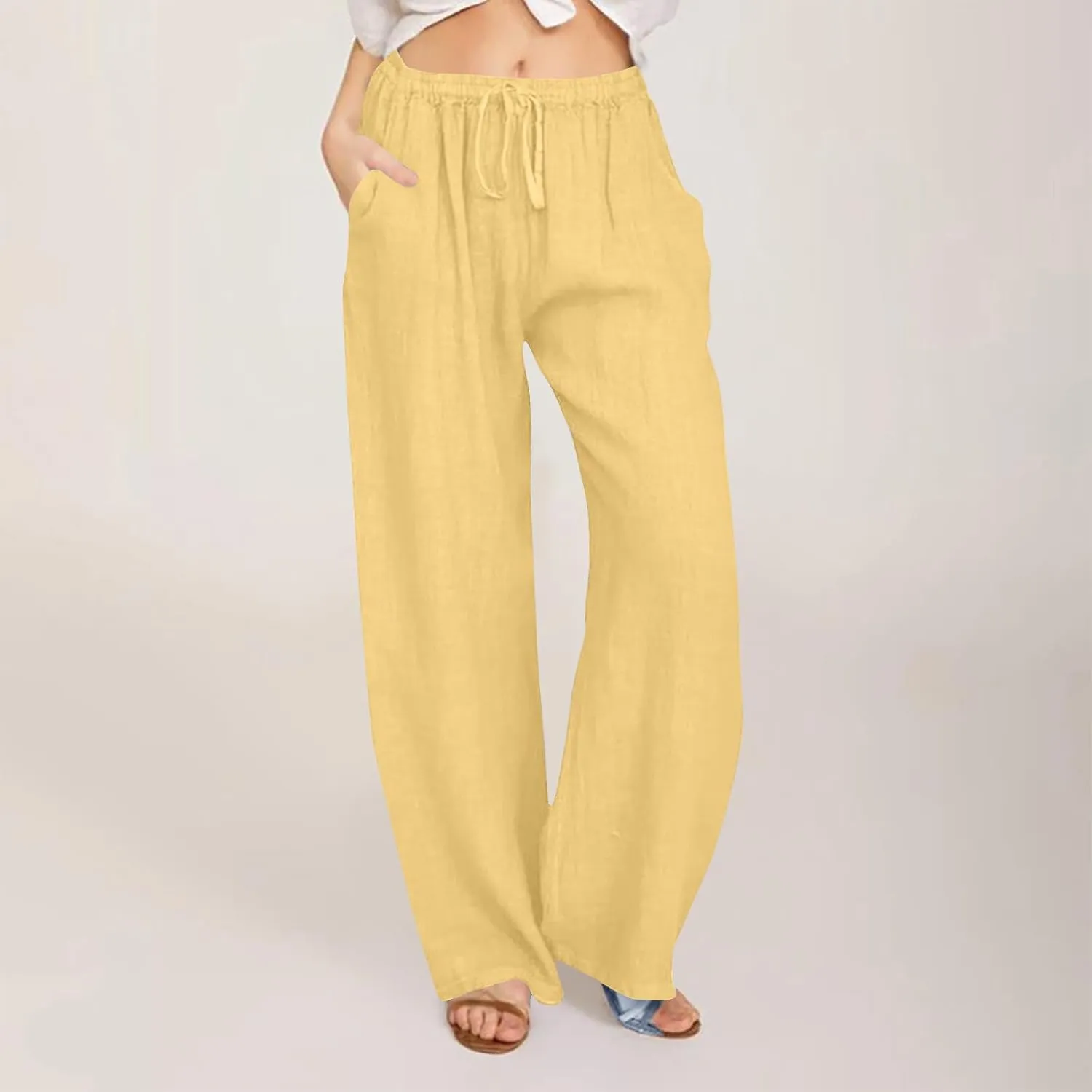 jsaierl Women Linen Wide Leg Pants Summer Loose Flowy Palazzo Pants Drawstring High Waisted Beach Pants Trousers with Pockets