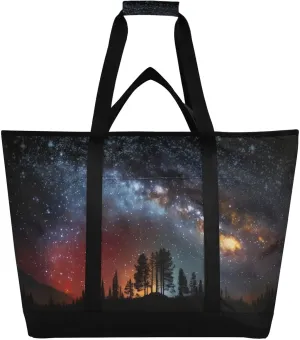 Large Insulated Reusable Tote Bag Dazzling Night Sky Stars for Grocery Shopping for Women Men, Cooler Bag with Zippered Top & Handles for Travel Beach Picnic
