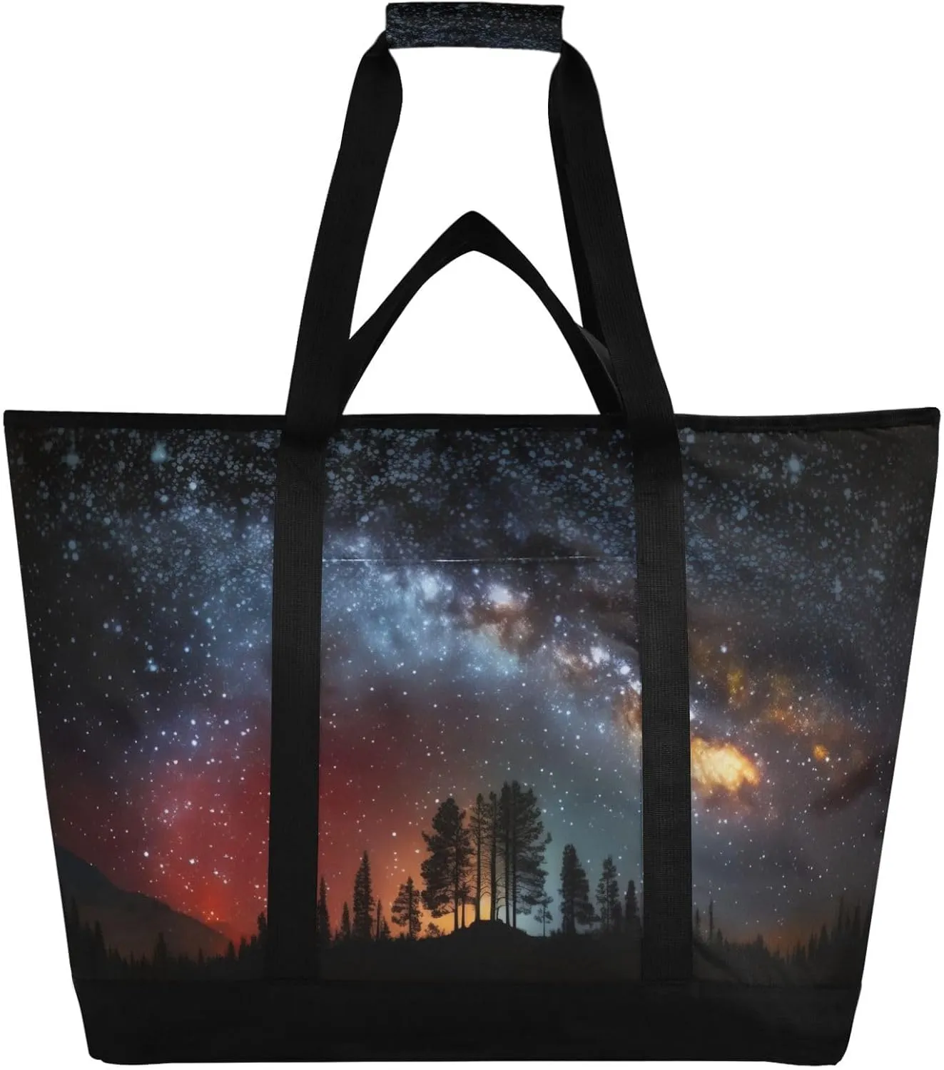 Large Insulated Reusable Tote Bag Dazzling Night Sky Stars for Grocery Shopping for Women Men, Cooler Bag with Zippered Top & Handles for Travel Beach Picnic