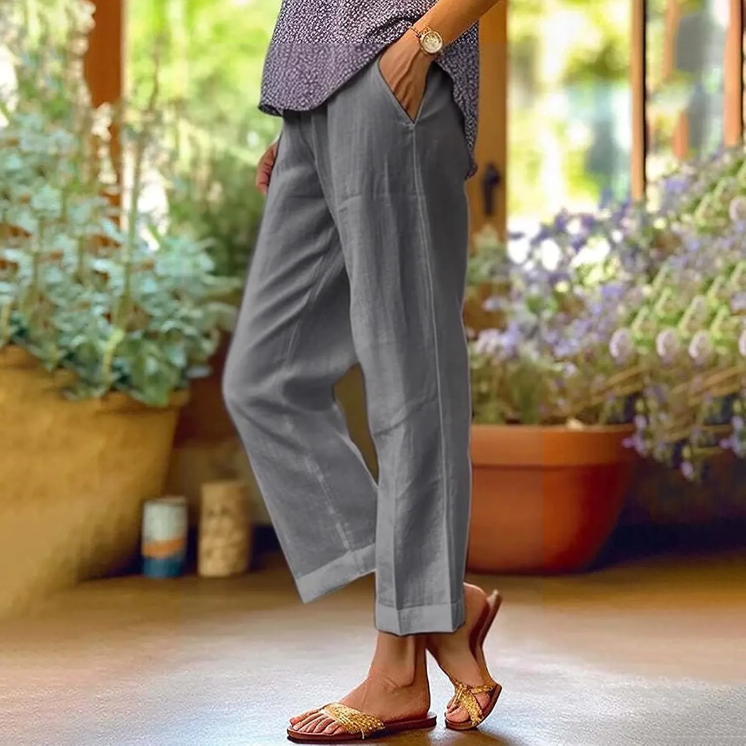 LCMTWX Wide Leg Pants Woman Solid Elastic Pants Long Drawstring Linen Women Waist Cotton Casual Pants Straight Leg Crop