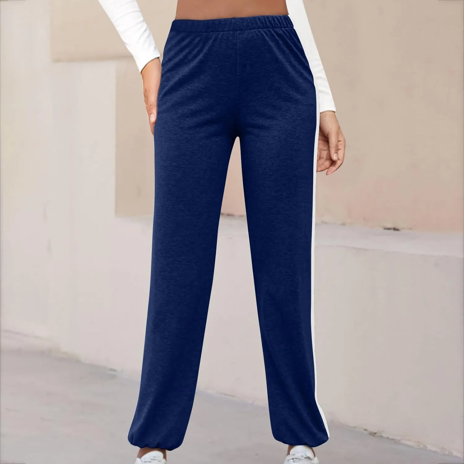 Lightweight Thin Sweatpants for Women High Elastic Waist Straight Trousers Trendy Casual Long Pants with Pockets