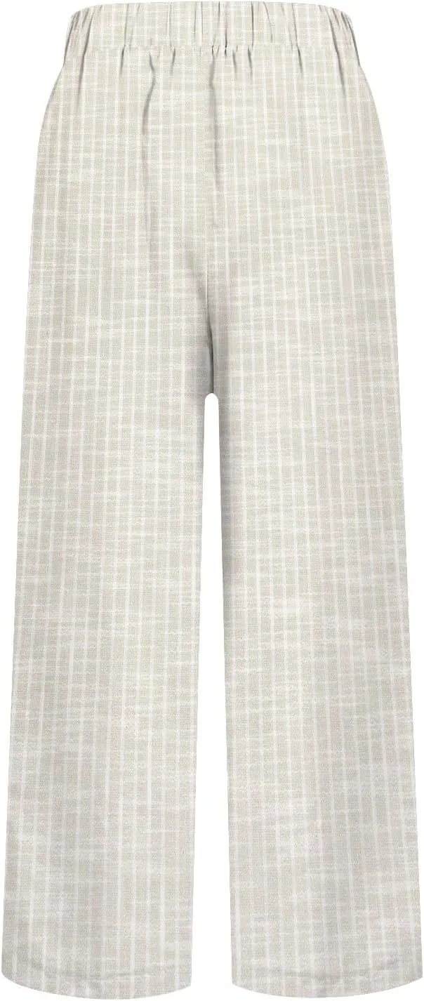 Linen Capri Pants for Women Drawstring Waisted Straight Wide Leg Lounge Pant Striped Spring Summer Beach Trousers
