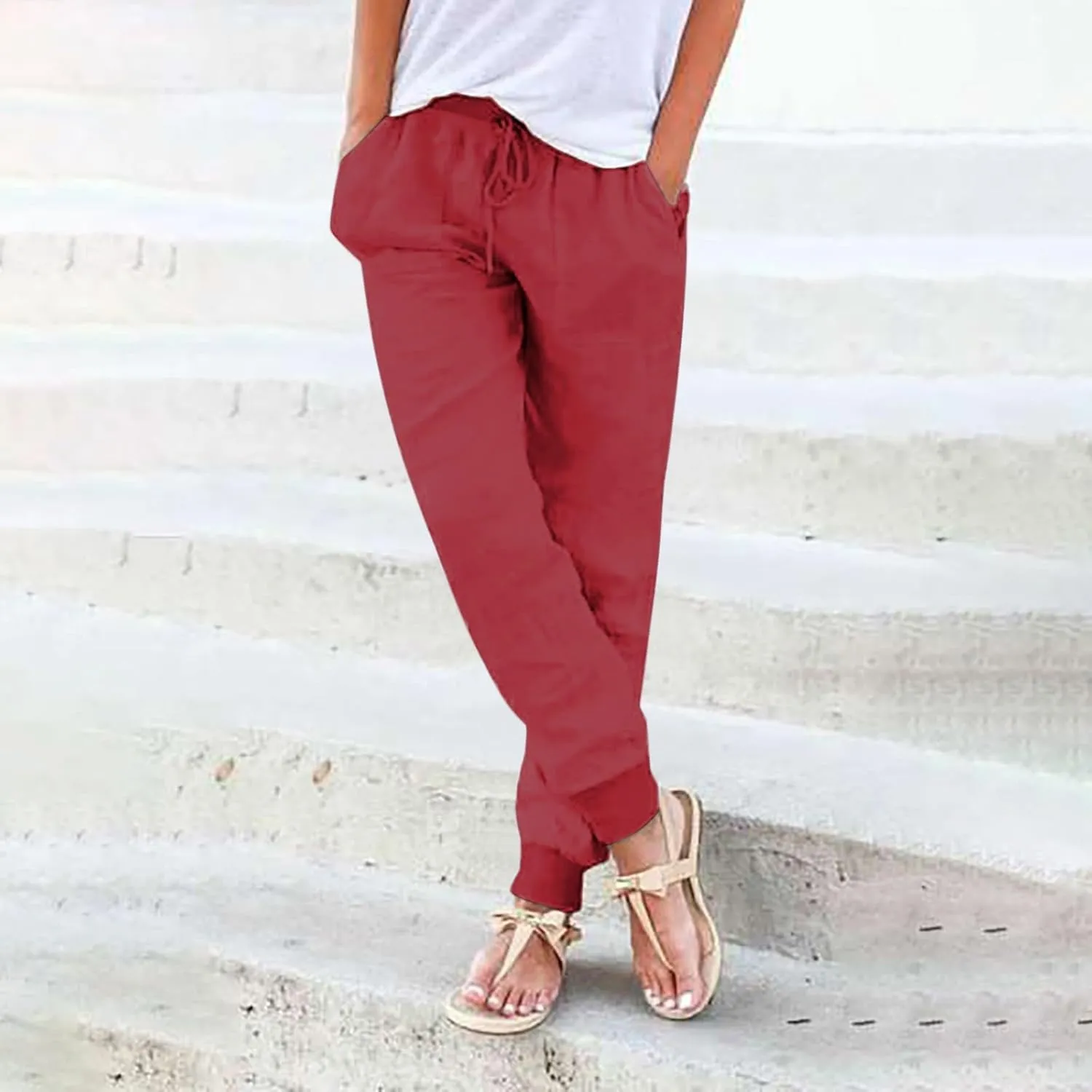 Linen Joggers for Women Casual Elastic High Waist Pants Drawstring Tapered Pants Sumemr Lightweight Trousers with Pockets