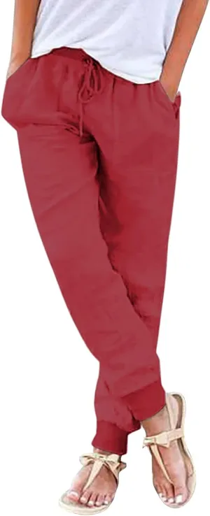 Linen Joggers for Women Casual Elastic High Waist Pants Drawstring Tapered Pants Sumemr Lightweight Trousers with Pockets