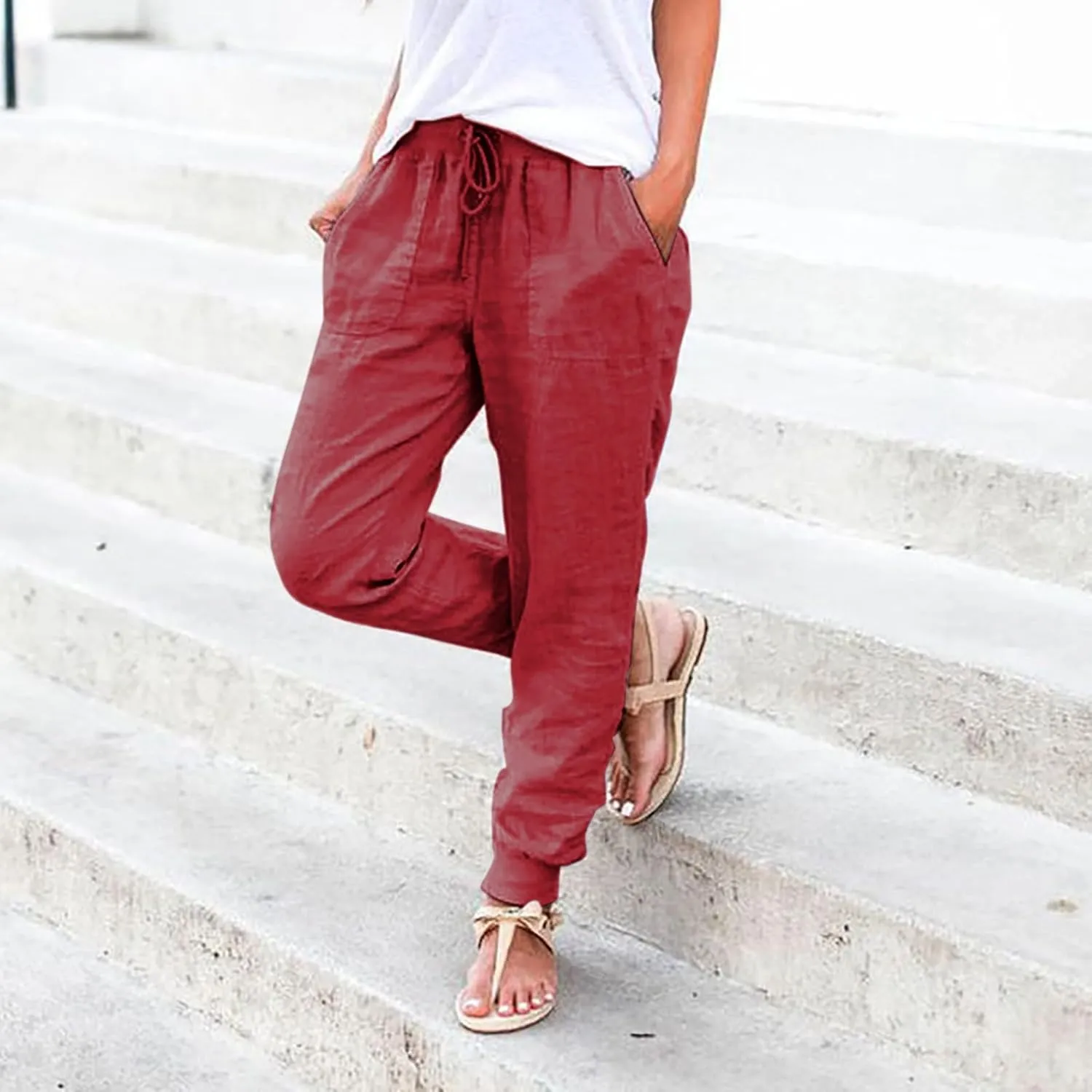 Linen Joggers for Women Casual Elastic High Waist Pants Drawstring Tapered Pants Sumemr Lightweight Trousers with Pockets