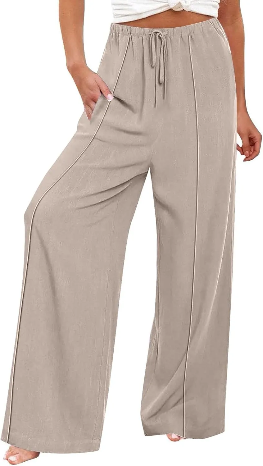 Linen Palazzo Pants for Women Loose Fit Comfy Wide Leg Pants Summer Drawstring High Waisted Lounge Pants with Pockets