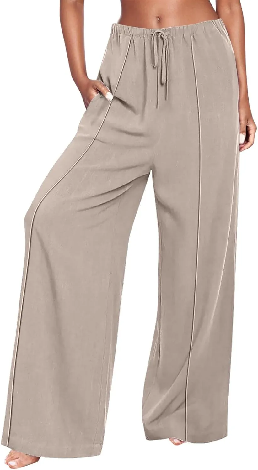 Linen Palazzo Pants for Women Loose Fit Comfy Wide Leg Pants Summer Drawstring High Waisted Lounge Pants with Pockets