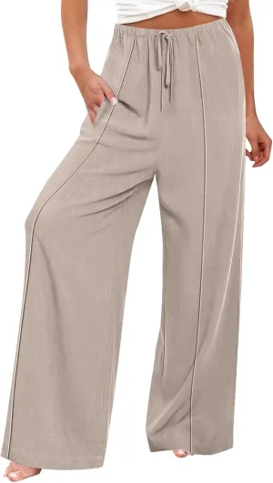Linen Palazzo Pants for Women Loose Fit Comfy Wide Leg Pants Summer Drawstring High Waisted Lounge Pants with Pockets