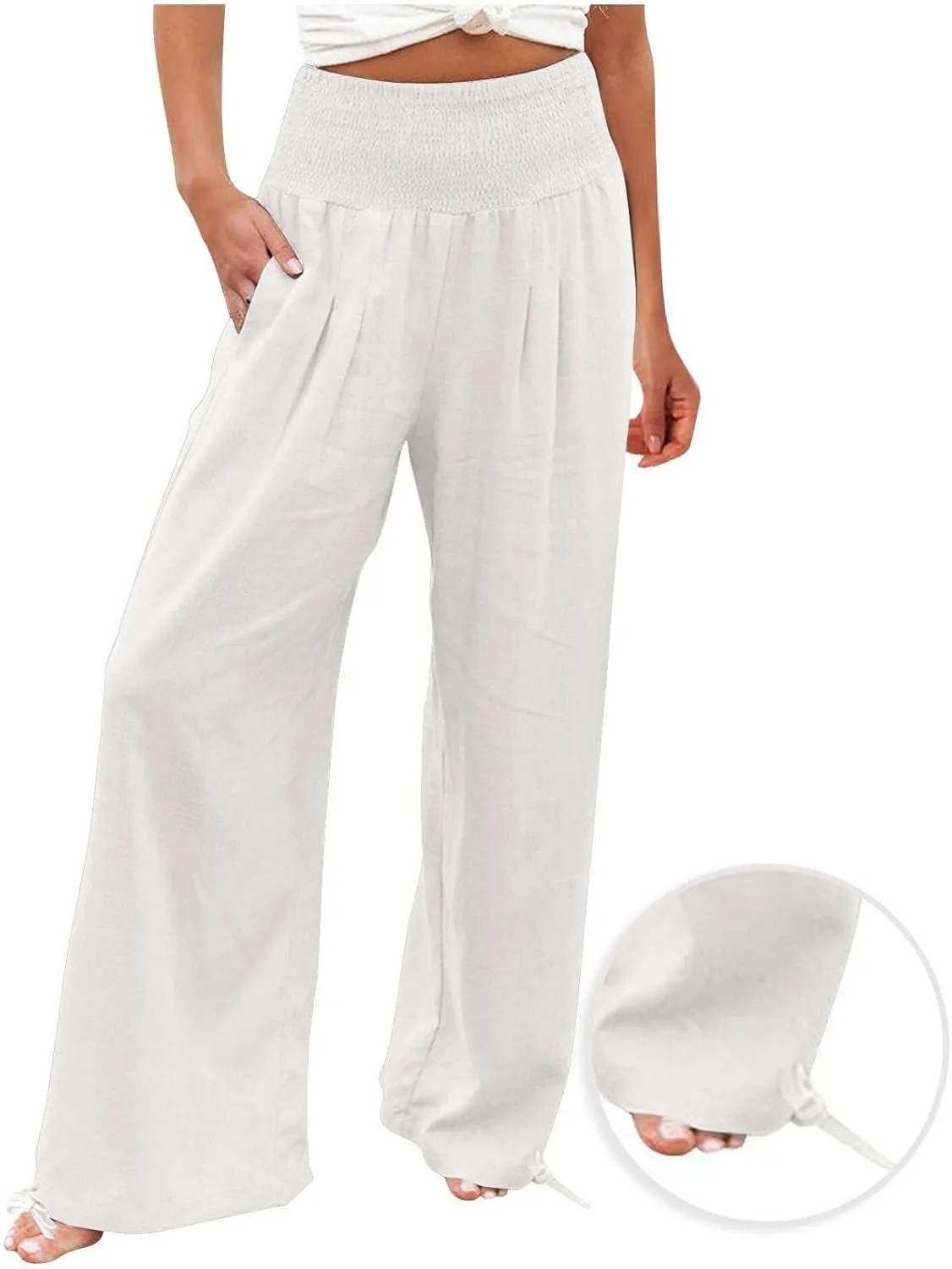 Linen Palazzo Pants for Women Plus Size Baggy Trousers with Pockets High Waist Straight Wide Leg Pants Casual Pants