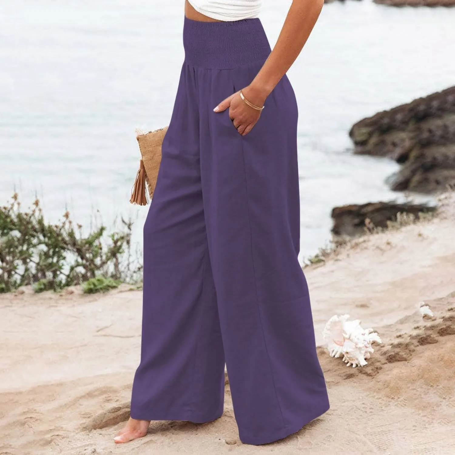 Linen Palazzo Pants for Women Summer Boho Wide Leg Pants High Waist Flowy Trousers 2025 Trendy Beach Vacation Clothes