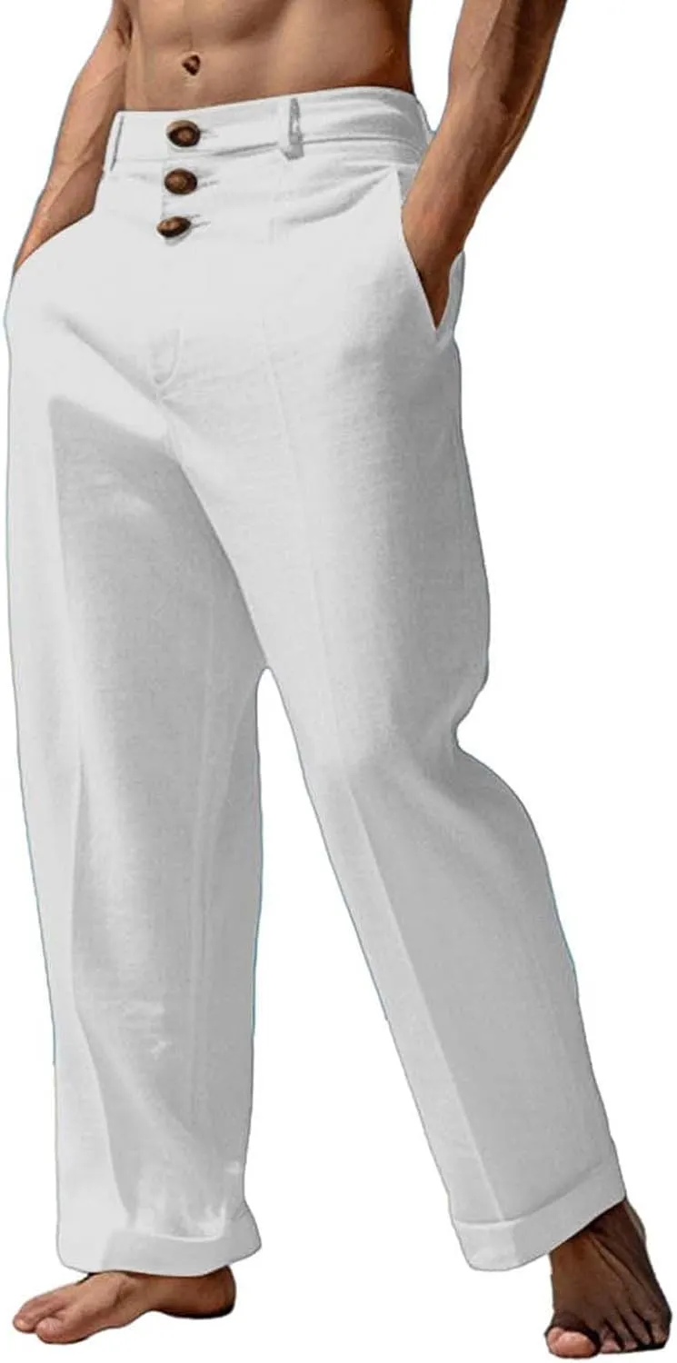 Linen Pants for Mens Casual Button Loose Summer Jogger Pant Cotton Linen Lightweight Solid Sweatpant Hipster Beach Trousers