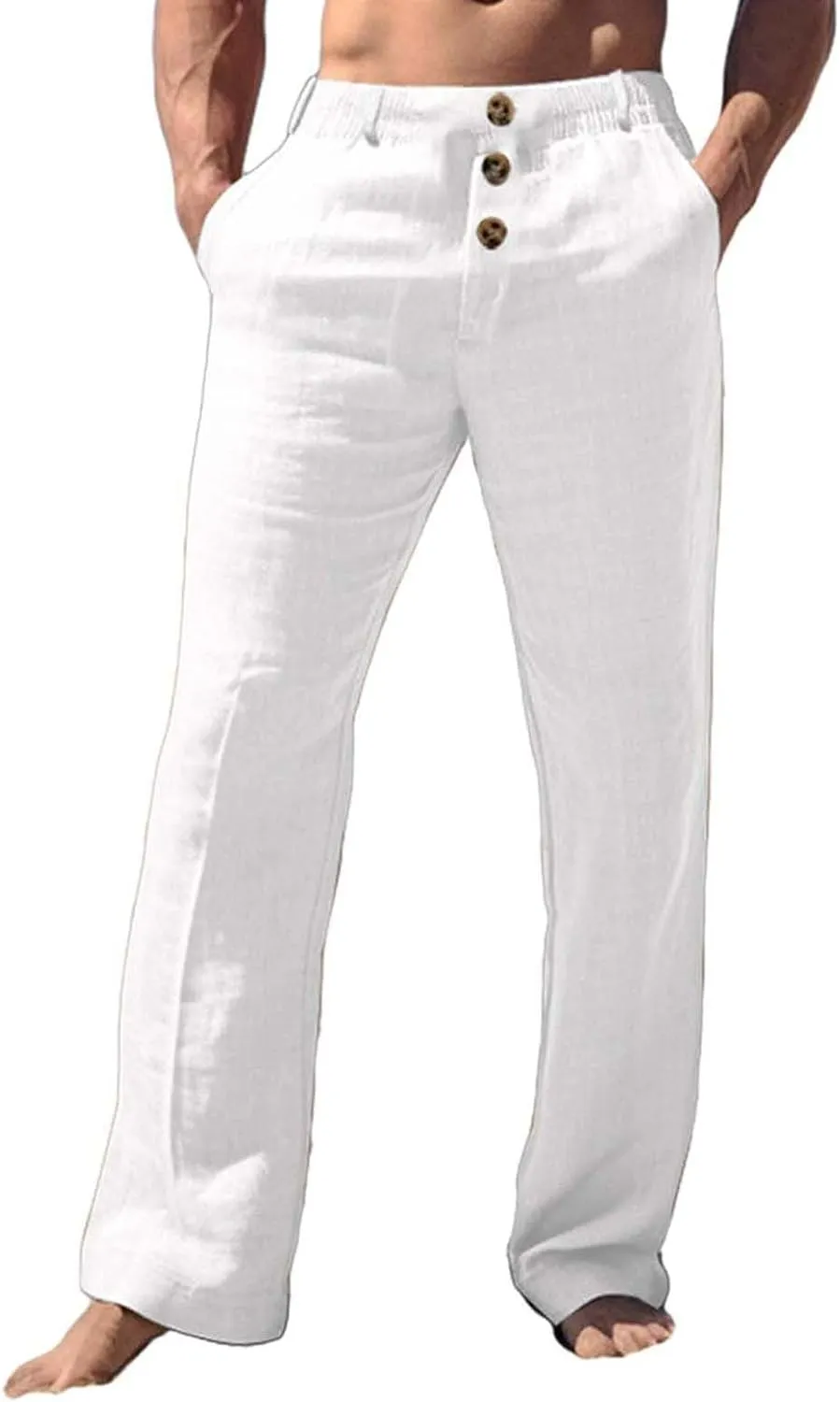 Linen Pants for Mens Casual Button Loose Summer Jogger Pant Cotton Linen Lightweight Solid Sweatpant Hipster Beach Trousers