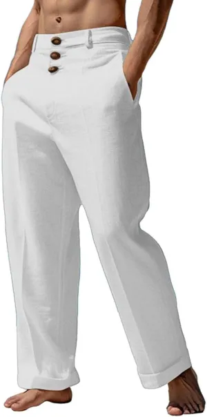 Linen Pants for Mens Casual Button Loose Summer Jogger Pant Cotton Linen Lightweight Solid Sweatpant Hipster Beach Trousers