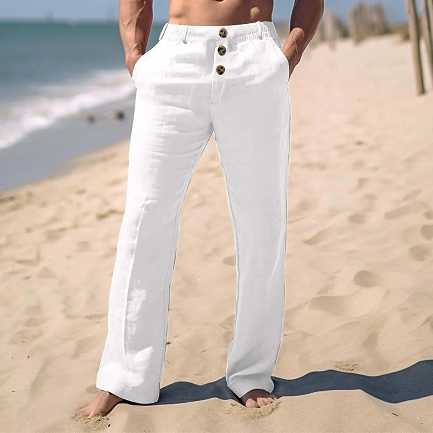 Linen Pants for Mens Casual Button Loose Summer Jogger Pant Cotton Linen Lightweight Solid Sweatpant Hipster Beach Trousers