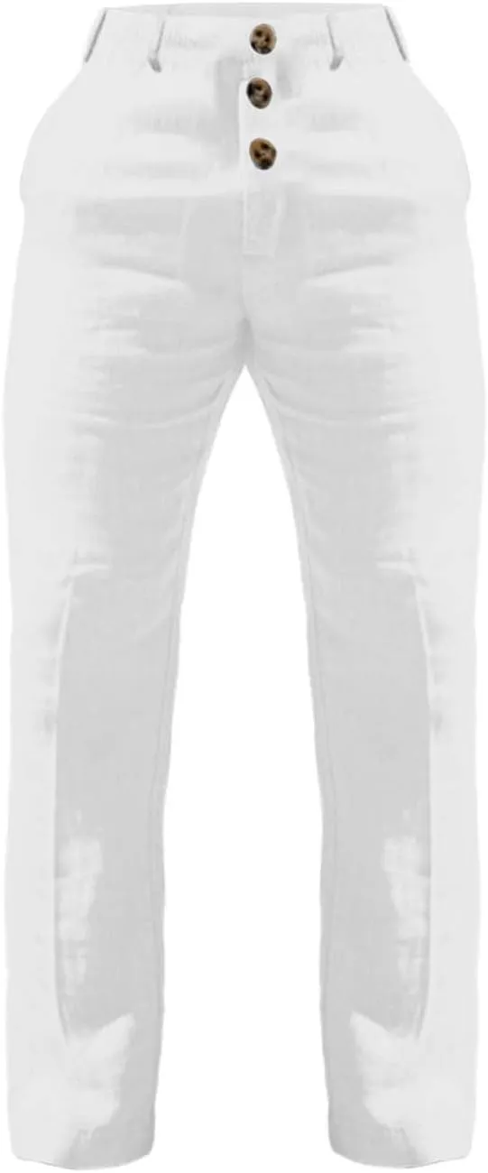 Linen Pants for Mens Casual Button Loose Summer Jogger Pant Cotton Linen Lightweight Solid Sweatpant Hipster Beach Trousers
