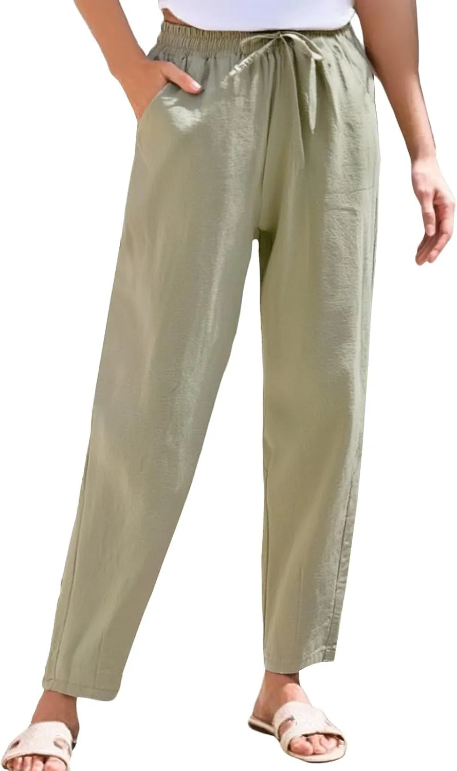 Linen Pants for Women Summer Beach Lounge Elastic Drawstring Casual Trousers with Pockets Travel Vacation