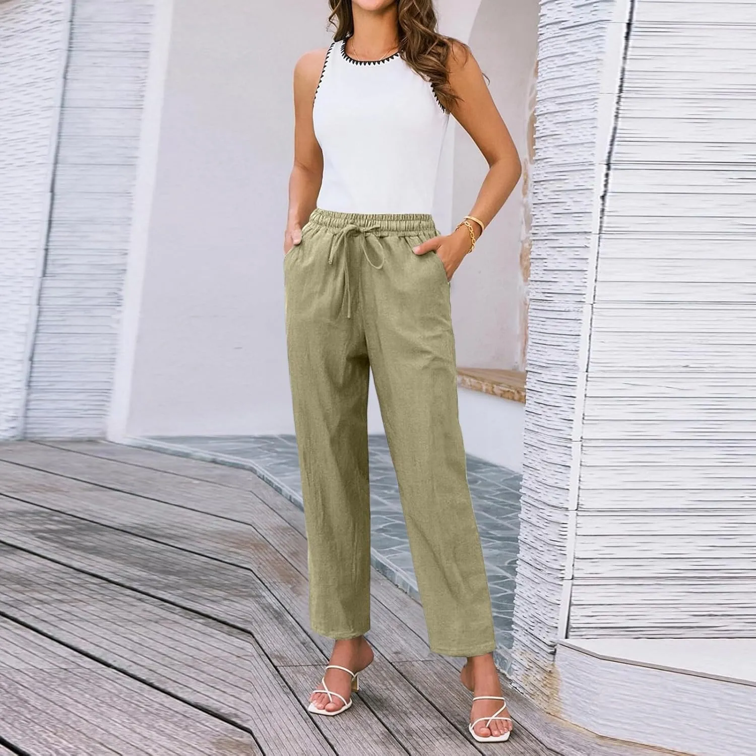 Linen Pants for Women Summer Beach Lounge Elastic Drawstring Casual Trousers with Pockets Travel Vacation