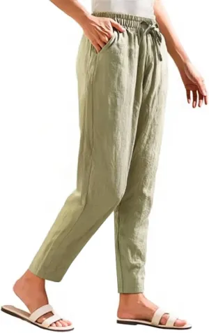 Linen Pants for Women Summer Beach Lounge Elastic Drawstring Casual Trousers with Pockets Travel Vacation