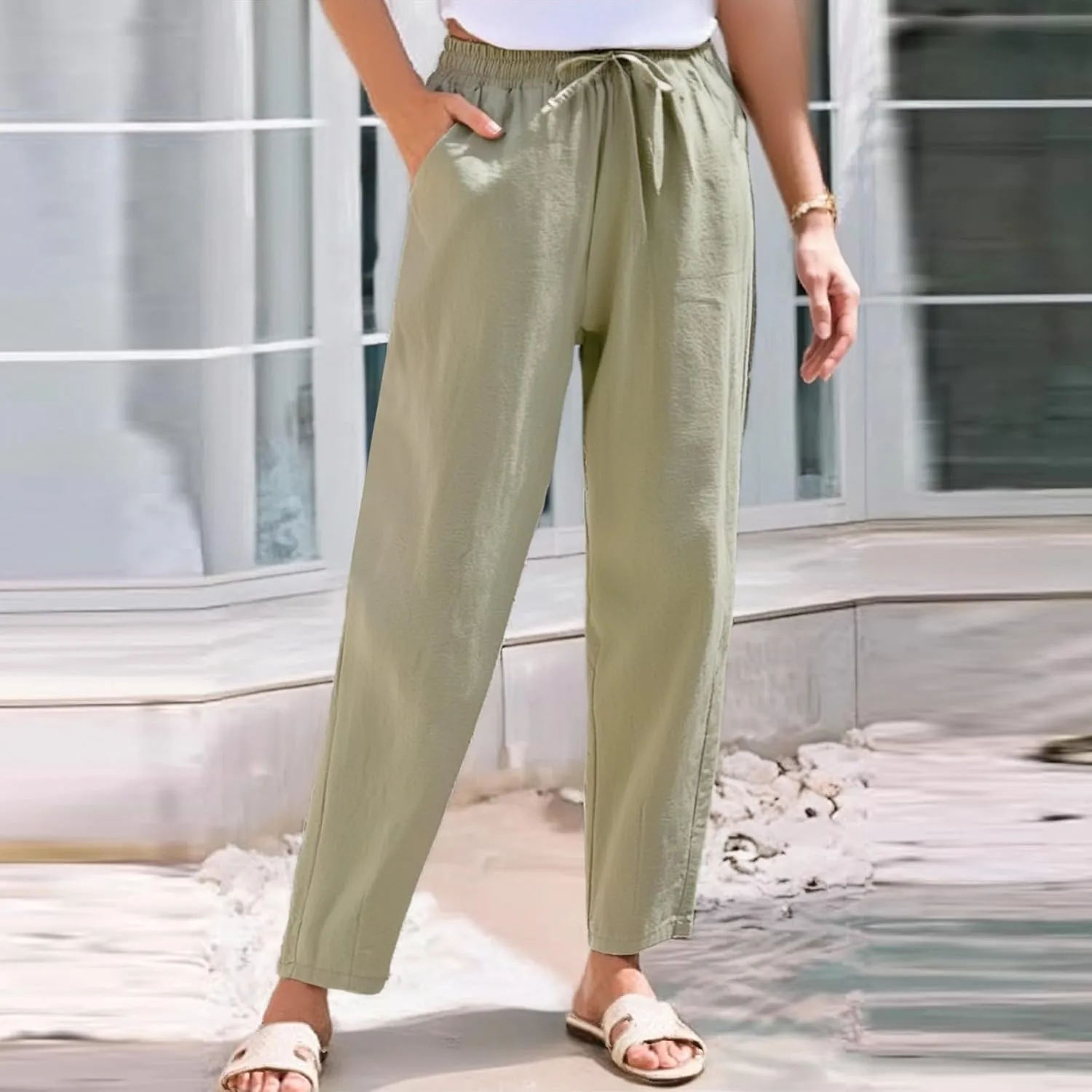 Linen Pants for Women Summer Beach Lounge Elastic Drawstring Casual Trousers with Pockets Travel Vacation
