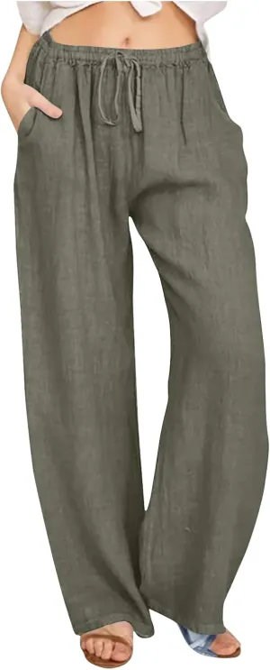 Linen Pants for Women Summer Drawstring Wide Leg Cotton Trousers Casual Loose Beach Palazzo Pants with Pockets