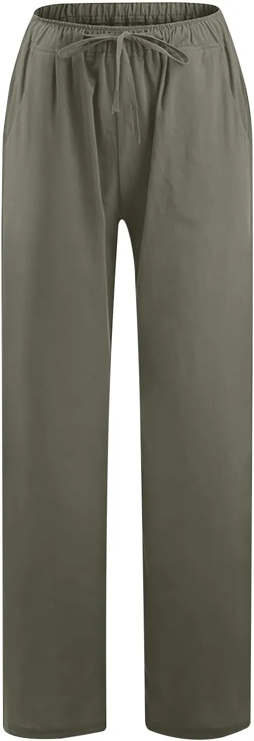 Linen Pants for Women Summer Drawstring Wide Leg Cotton Trousers Casual Loose Beach Palazzo Pants with Pockets