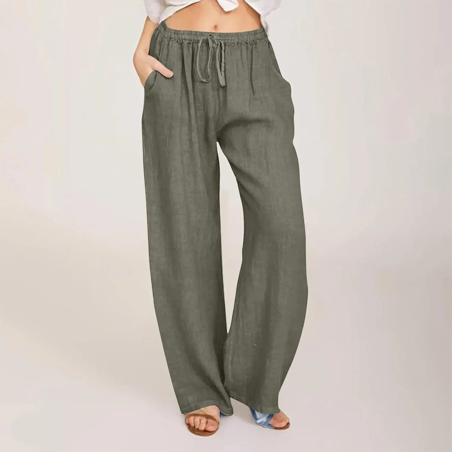 Linen Pants for Women Summer Drawstring Wide Leg Cotton Trousers Casual Loose Beach Palazzo Pants with Pockets