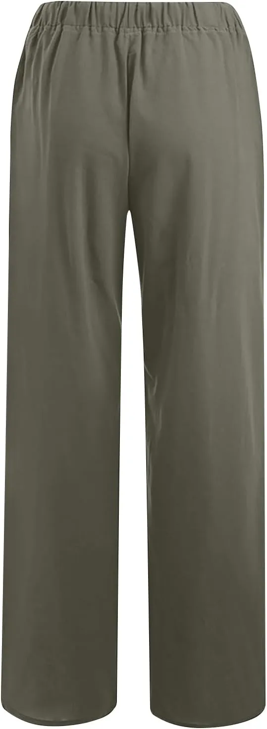 Linen Pants for Women Summer Drawstring Wide Leg Cotton Trousers Casual Loose Beach Palazzo Pants with Pockets