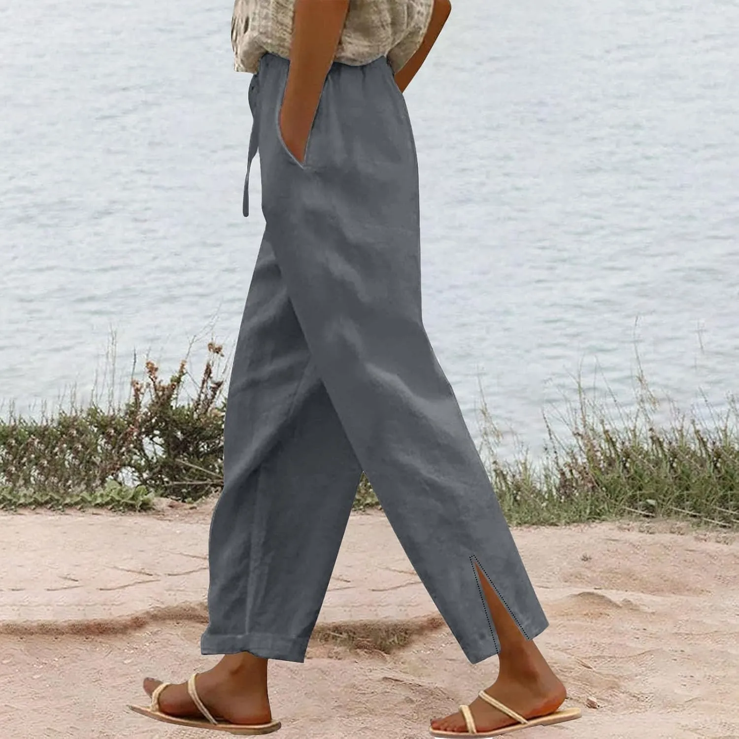 Linen Pants for Women Summer High Waist Elastic Straight Leg Lounge Pant Casual Loose Lightweight Beach Trousers 2025