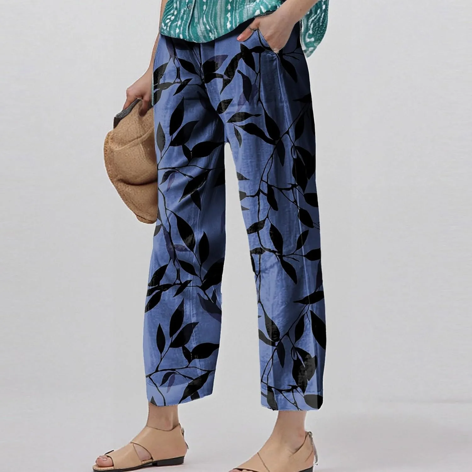 Linen Pants Women Summer Boho Wide Leg Pants High Waisted Palazzo Pant Floral Print Beach Trousers with Pockets
