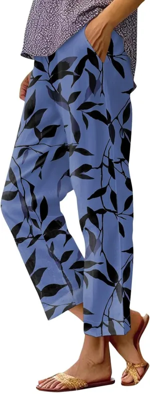 Linen Pants Women Summer Boho Wide Leg Pants High Waisted Palazzo Pant Floral Print Beach Trousers with Pockets