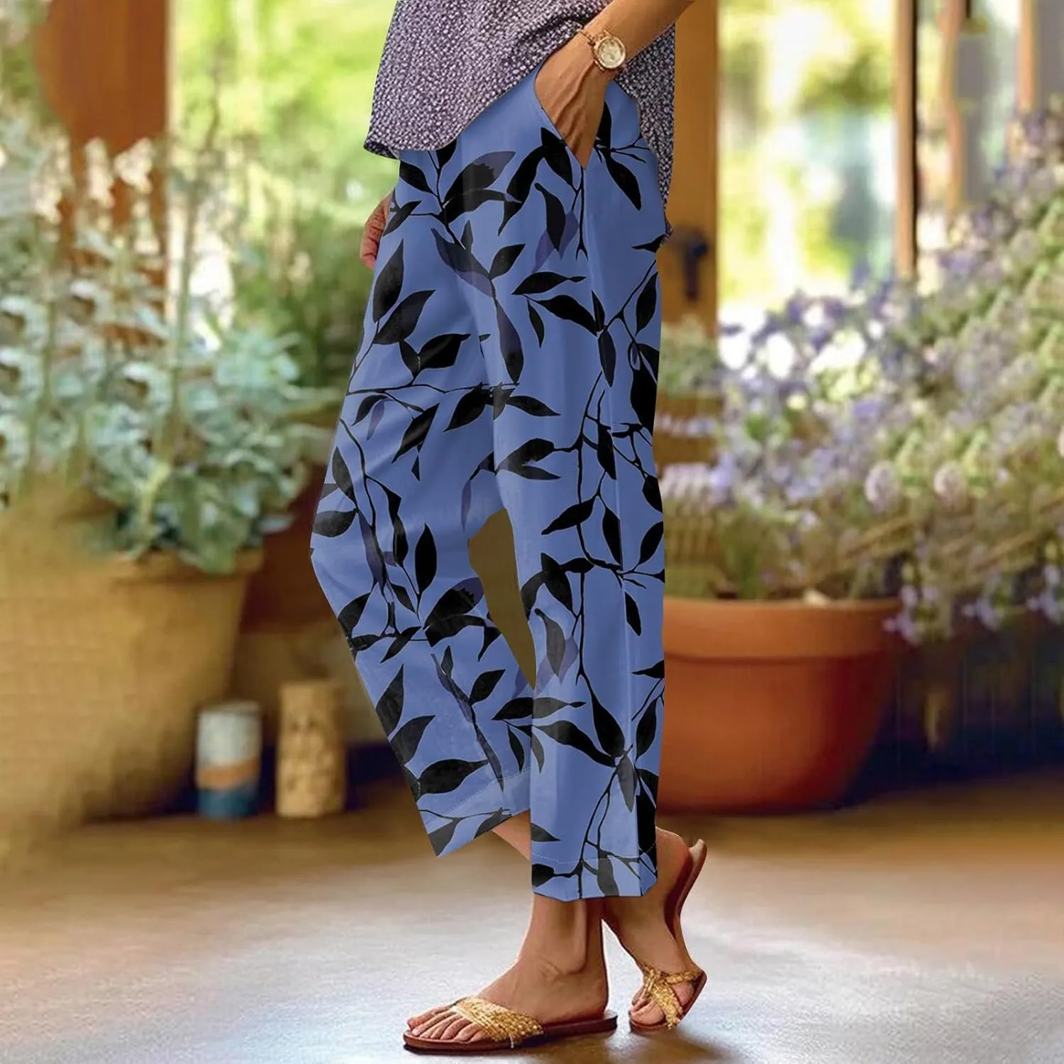Linen Pants Women Summer Boho Wide Leg Pants High Waisted Palazzo Pant Floral Print Beach Trousers with Pockets