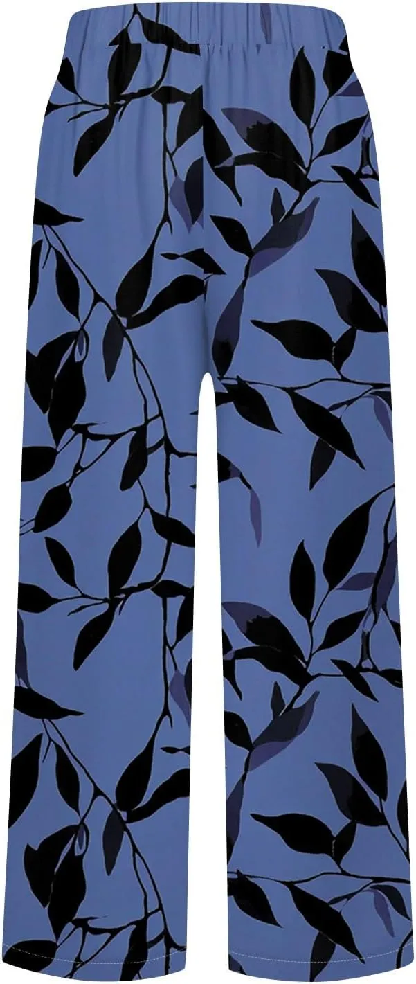 Linen Pants Women Summer Boho Wide Leg Pants High Waisted Palazzo Pant Floral Print Beach Trousers with Pockets
