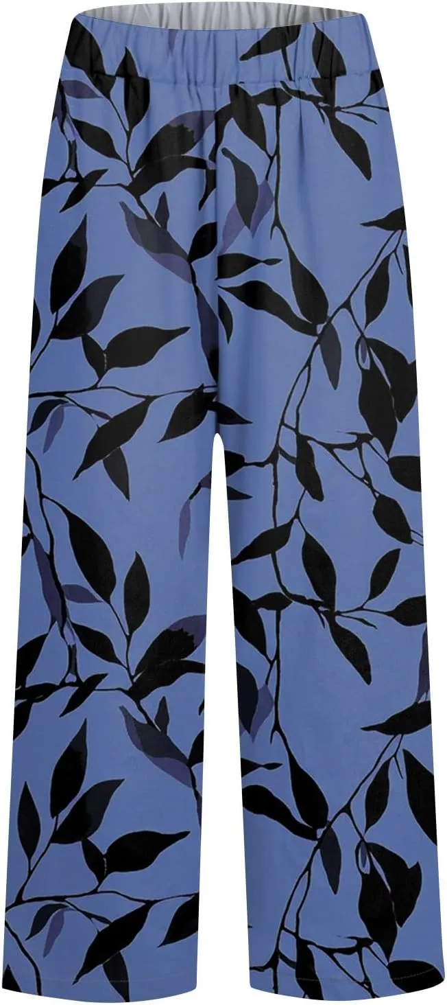 Linen Pants Women Summer Boho Wide Leg Pants High Waisted Palazzo Pant Floral Print Beach Trousers with Pockets