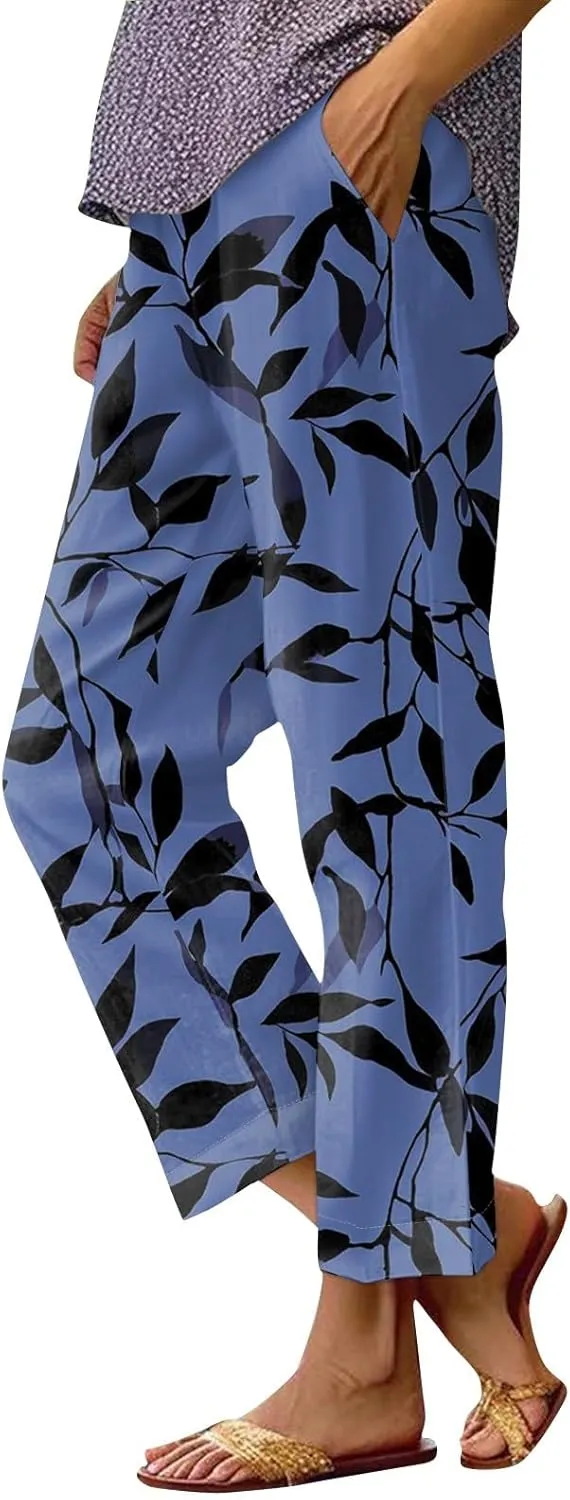 Linen Pants Women Summer Boho Wide Leg Pants High Waisted Palazzo Pant Floral Print Beach Trousers with Pockets