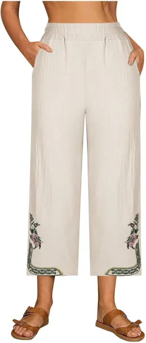 Linen Pants Women Summer Fashion Casual Loose Solid High Waisted Pant Elastic Cropped Embroidery Trousers