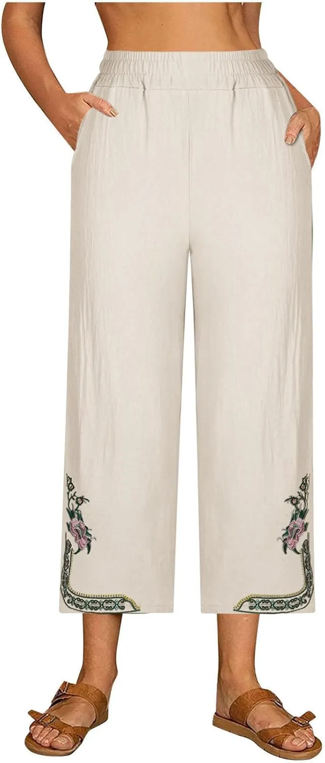 Linen Pants Women Summer Fashion Casual Loose Solid High Waisted Pant Elastic Cropped Embroidery Trousers