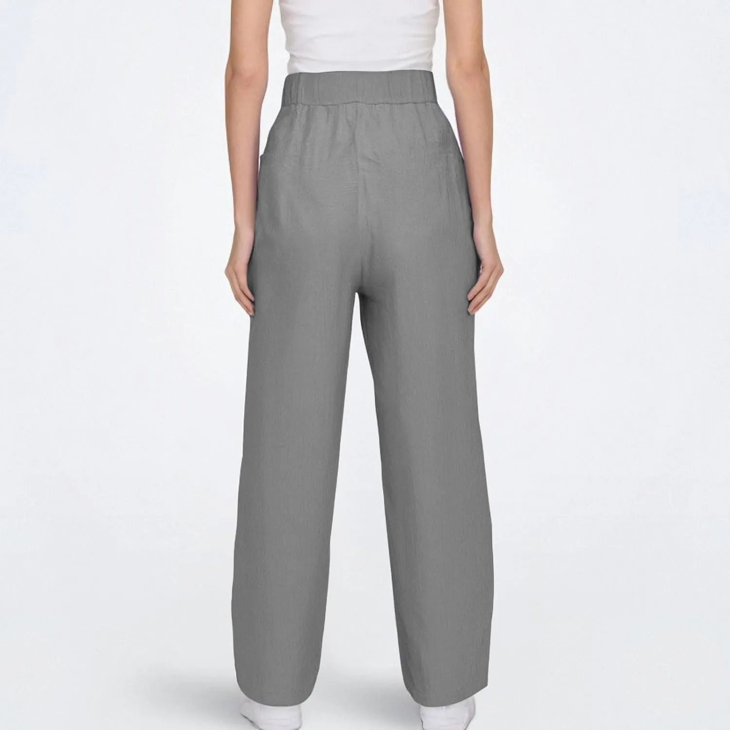 Linen Pants Women Summer High Elastic Waist Drawstring Palazzo Pants Straight Leg Slacks with Pockets