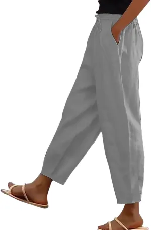 Linen Pants Women Summer High Elastic Waist Drawstring Palazzo Pants Straight Leg Slacks with Pockets