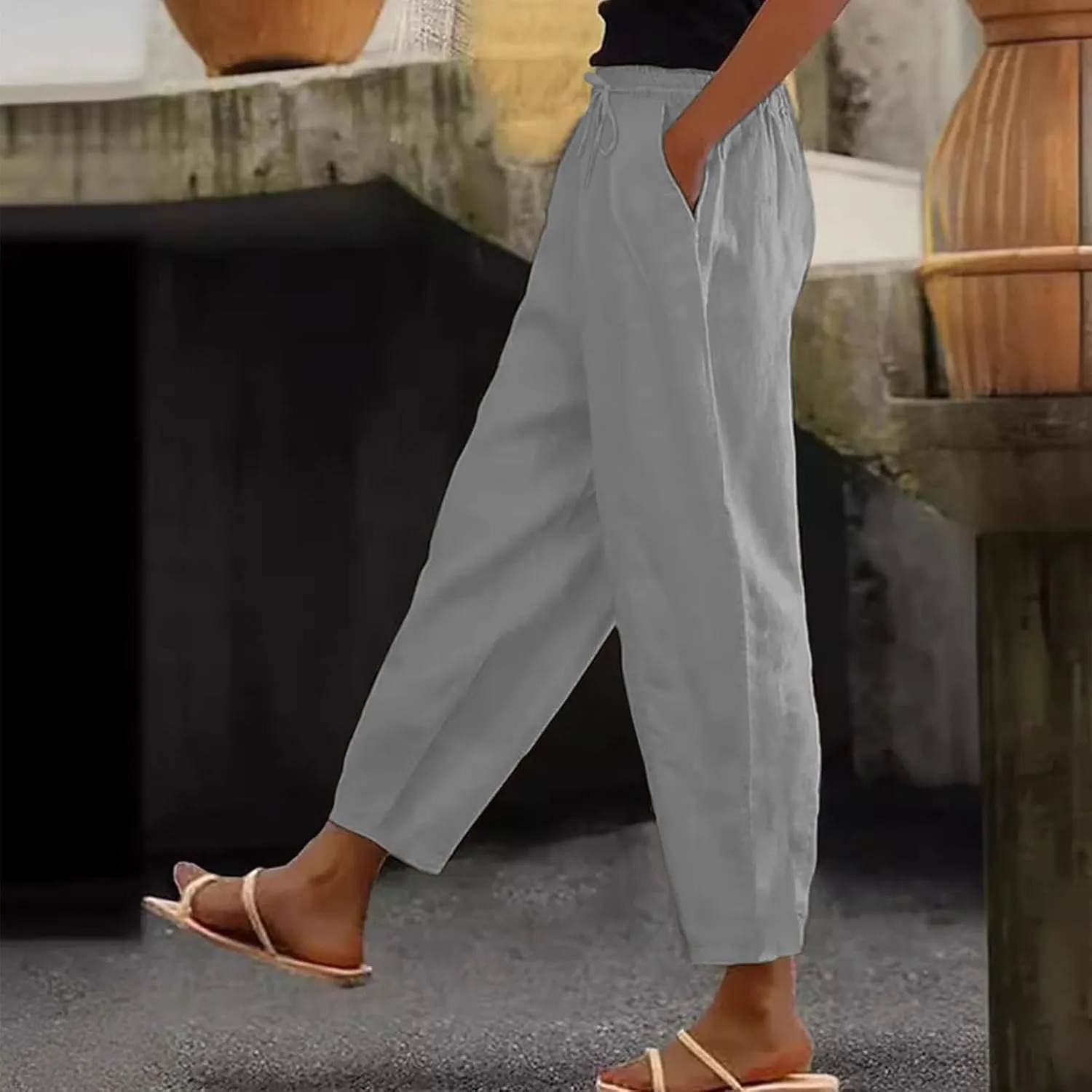 Linen Pants Women Summer High Elastic Waist Drawstring Palazzo Pants Straight Leg Slacks with Pockets