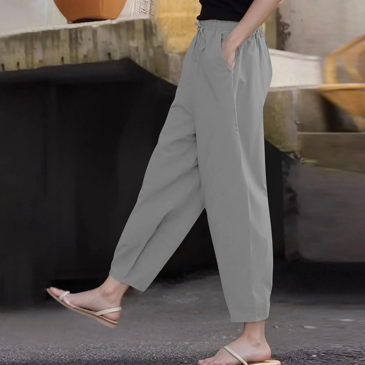 Linen Pants Women Summer High Elastic Waist Drawstring Palazzo Pants Straight Leg Slacks with Pockets