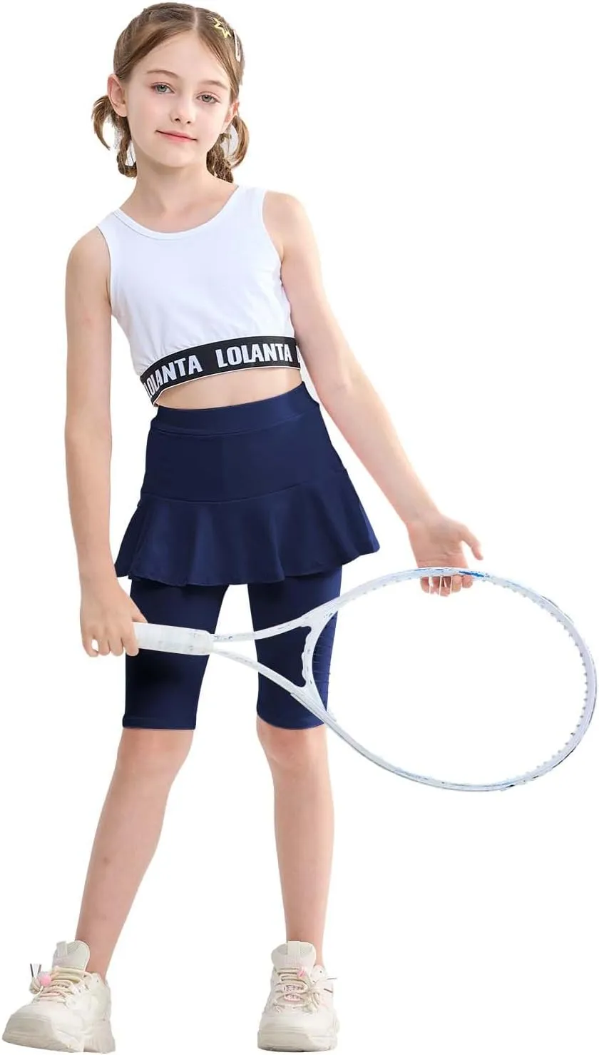 LOLANTA Girls Knee Length Leggings with Skirt Capris Kids Summer Shorts Casual Stretchy Athletic Skorts