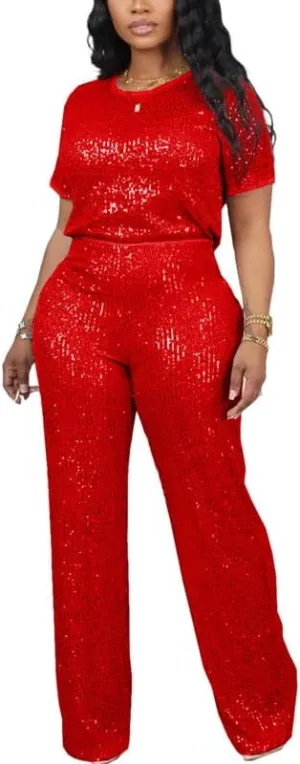LROSEY Women's Glitter Metallic Sequin Two Piece Outfit Suit Set Tops Pants Outfits Jumpsuit