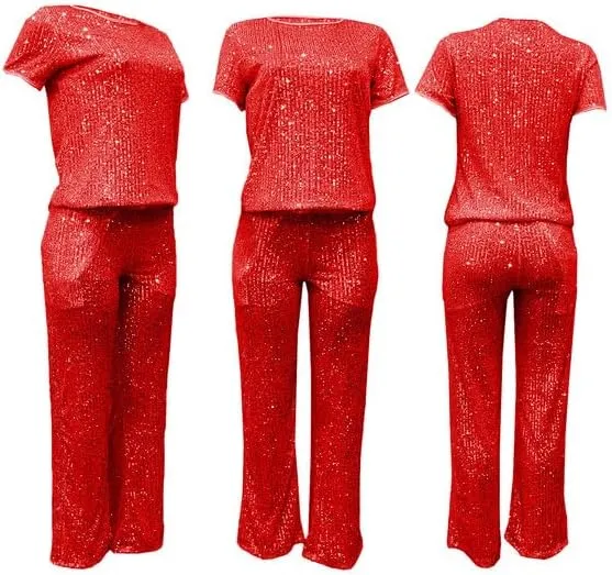 LROSEY Women's Glitter Metallic Sequin Two Piece Outfit Suit Set Tops Pants Outfits Jumpsuit