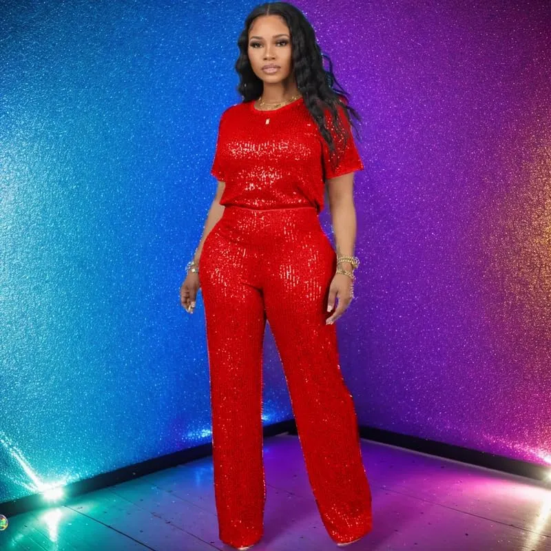 LROSEY Women's Glitter Metallic Sequin Two Piece Outfit Suit Set Tops Pants Outfits Jumpsuit