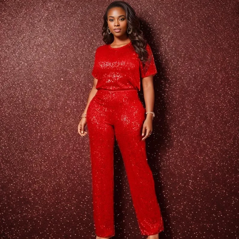 LROSEY Women's Glitter Metallic Sequin Two Piece Outfit Suit Set Tops Pants Outfits Jumpsuit