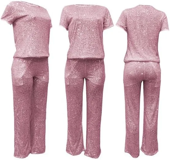 LROSEY Women's Glitter Metallic Sequin Two Piece Outfit Suit Set Tops Pants Outfits Jumpsuit